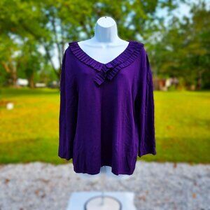 Cable & Gauge Purple Ruffled V-Neck Sweater XL Rayon/Nylon Blend